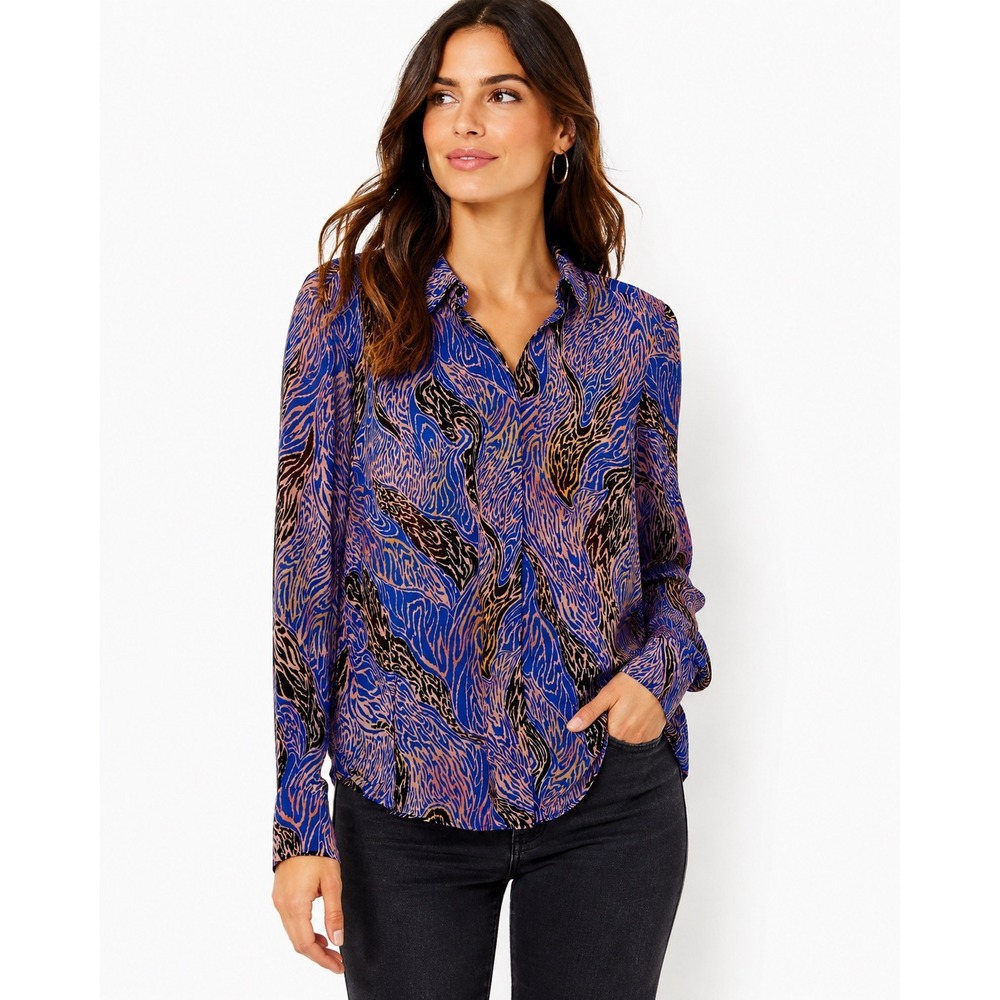 & Other Stories Paris Atelier Abstract Animal Print Blouse Blue Pink Rayon US 8